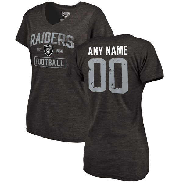 Women Black Oakland Raiders Distressed Custom Name and Number Tri-Blend V-Neck NFL T-Shirt->->Sports Accessory